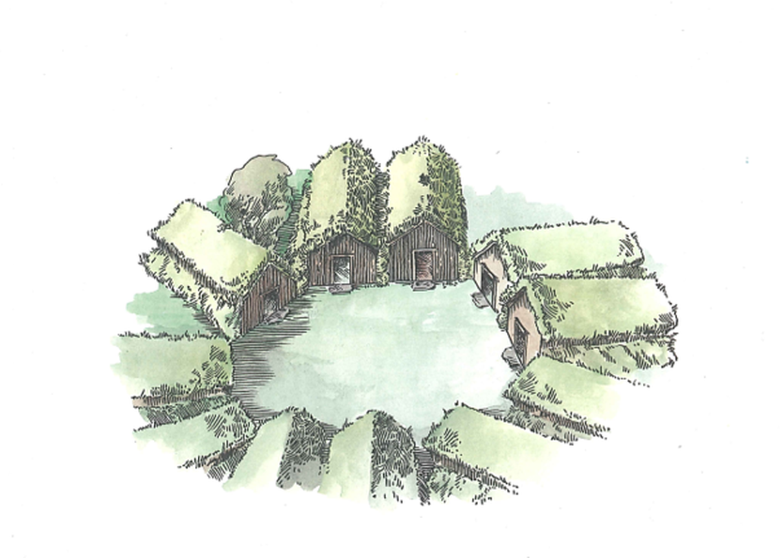 An illustration showing a ring-shaped yard from the Iron Age and surrounding houses.