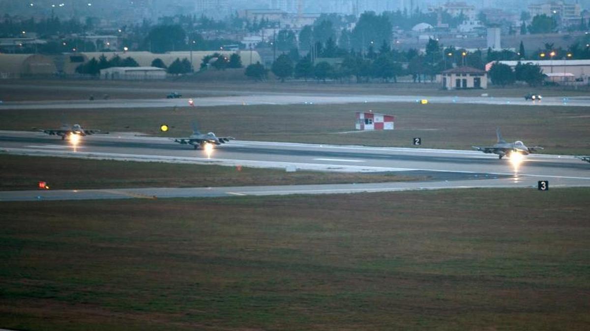 
Four F-16s prepare to take off Wednesday from Incirlik Air Base in Turkey to strike Islamic State targets in Syria.
