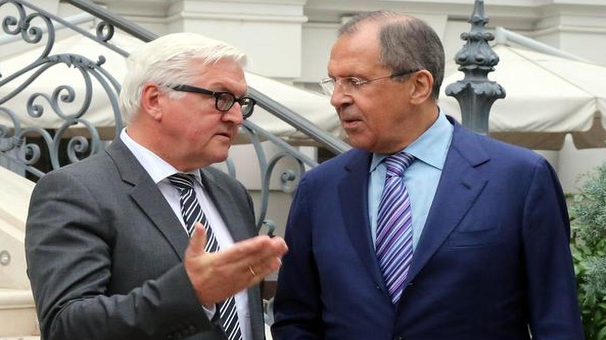 
German Foreign Minister Frank-Walter Steinmeier and Russian Foreign Minister Sergey Lavrov in front of the Palais Coburg where closed-door nuclear talks with Iran are taking place in Vienna, Austria, Tuesday. World powers and Iran extended their Tuesday deadline for a comprehensive nuclear agreement until July 7.
