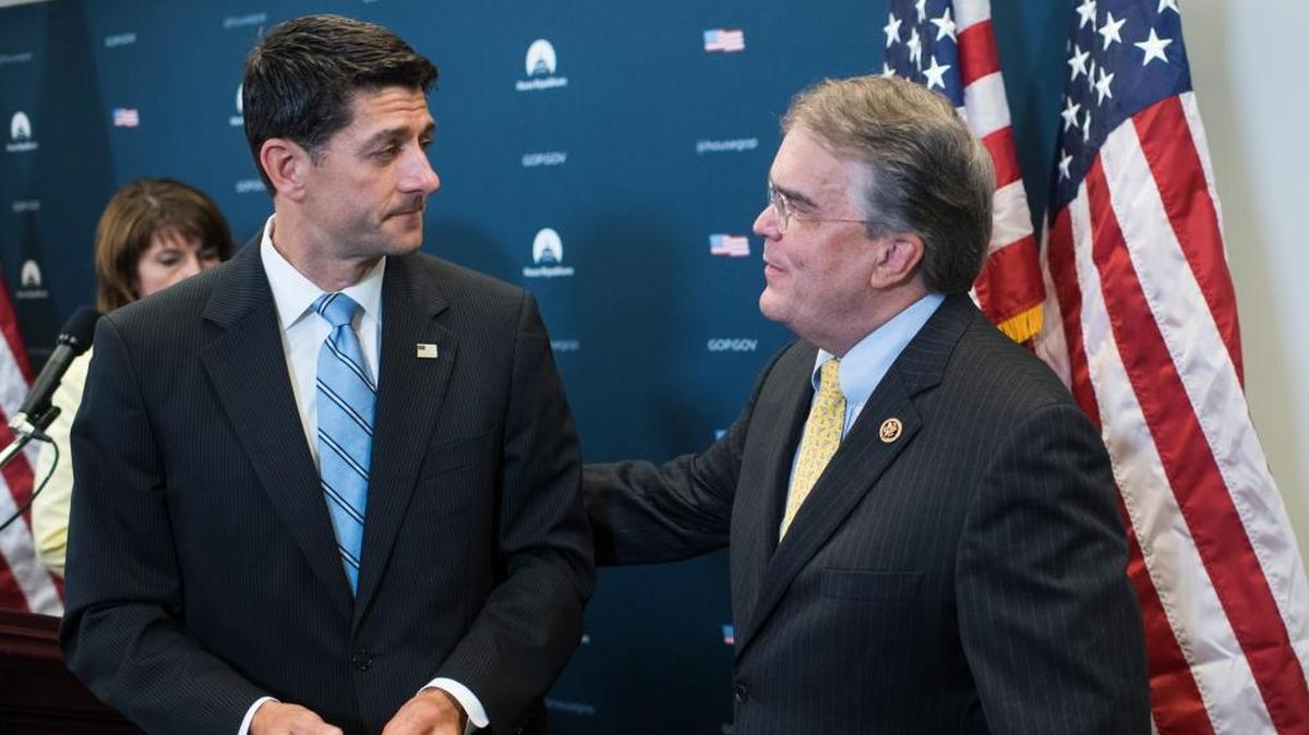 Rep. John Culberson, R-Texas, right, and Speaker of the House Paul Ryan, R-Wis., conduct a news conference in the Capitol on Hurricane Harvey relief efforts and DACA.