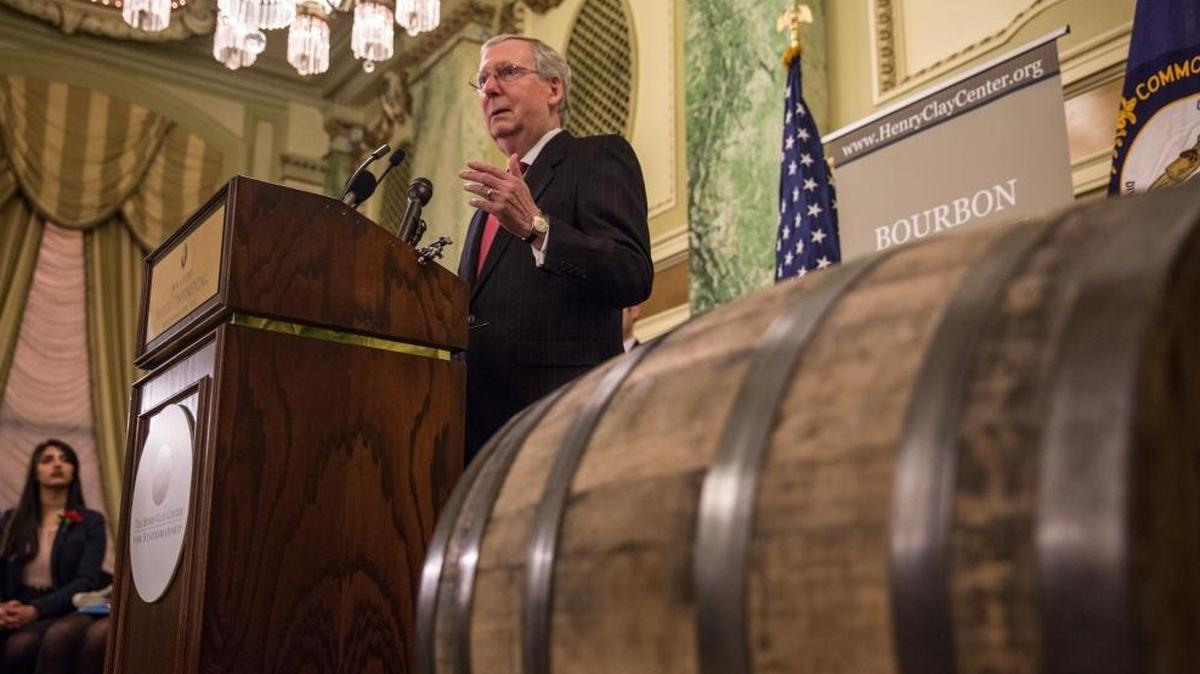 Senate Majority leader Mitch McConnell delivers a speech at the Willard Hotel in Washington, DC, at a bourbon tasting hosted by the Henry Clay Center for Statesmanship in February.