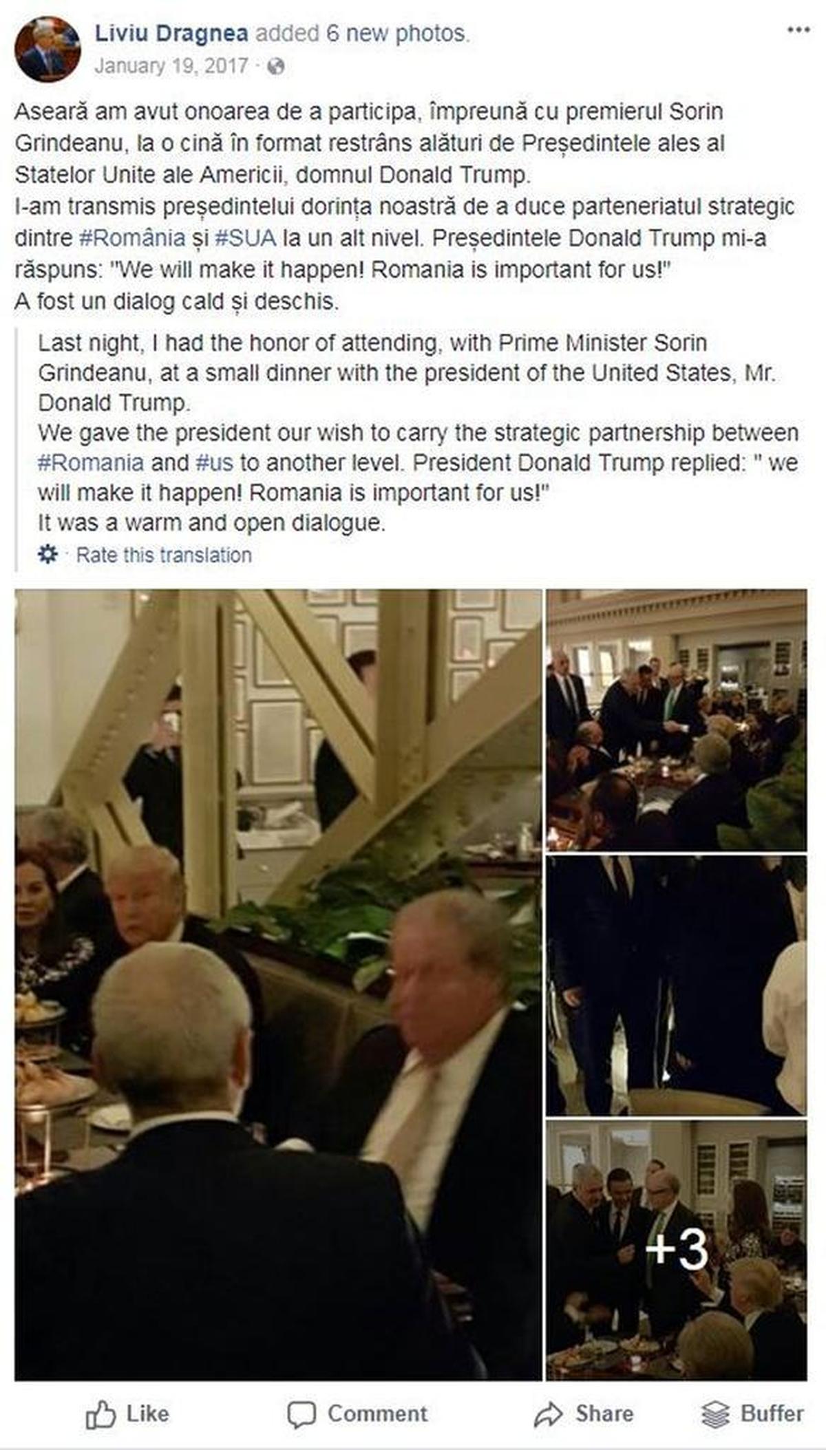 Liviu Dragnea’s Facebook post documenting his meeting with President Donald Trump