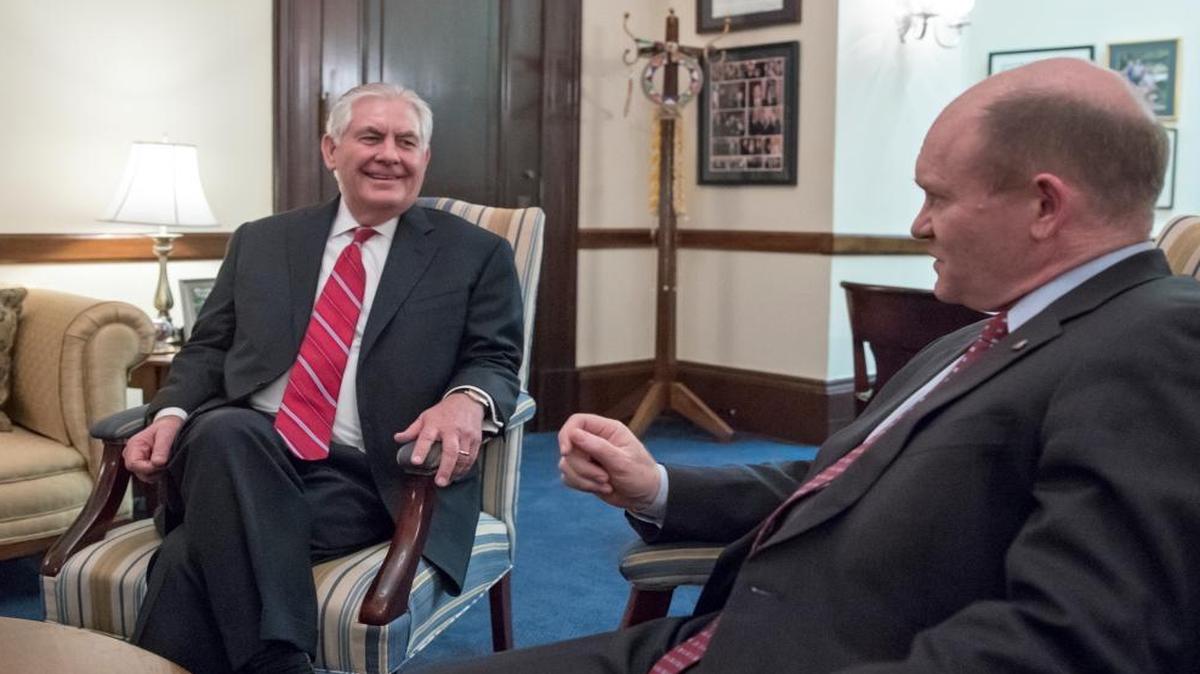 Secretary of State-designate Rex Tillerson meets Wednesday, Jan. 4, 2017, on Capitol Hill in Washington with Sen. Chris Coons, D-Del., who’s a member of the Senate Foreign Relations Committee, which will conduct Tillerson's confirmation hearing.