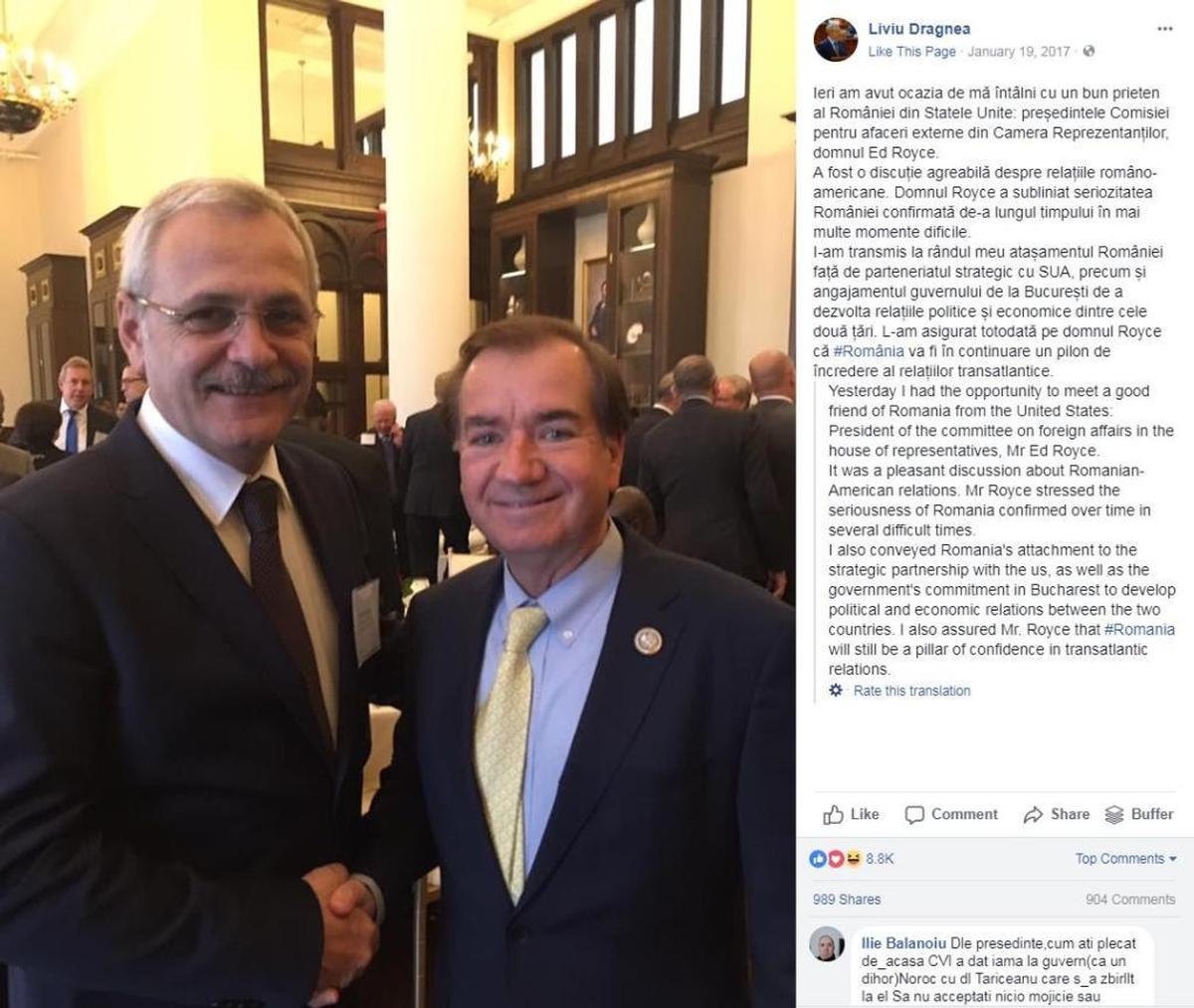 A Facebook post by Romanian politician Liviu Dragnea shows him with Rep. Ed Royce, R-Calif., during the weekend of President Donald Trump’s inauguration.