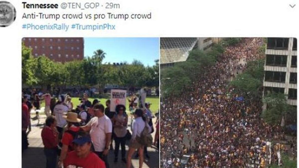 An unofficial Twitter account for the Tennessee GOP posted photos of the Cleveland parade after the 2016 Cavaliers championship win, but said they were supporters for President Donald Trump in Phoenix.