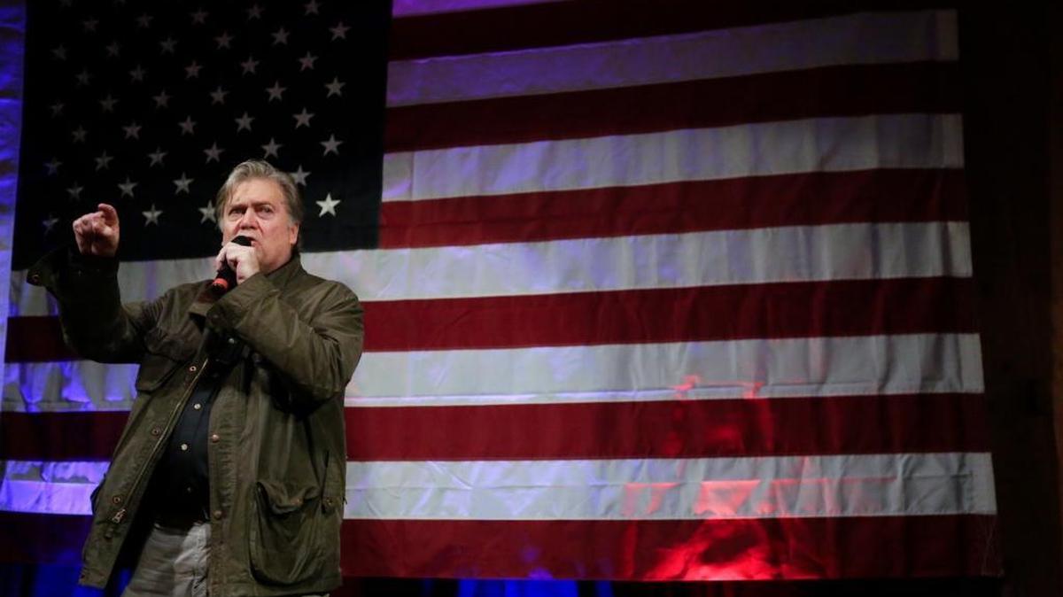 Former White House strategist Steve Bannon speaks at a rally for U.S. Senate hopeful Roy Moore, Monday, Sept. 25, 2017, in Fairhope, Ala. Conservatives say this is just the beginning of the GOP primary fight.