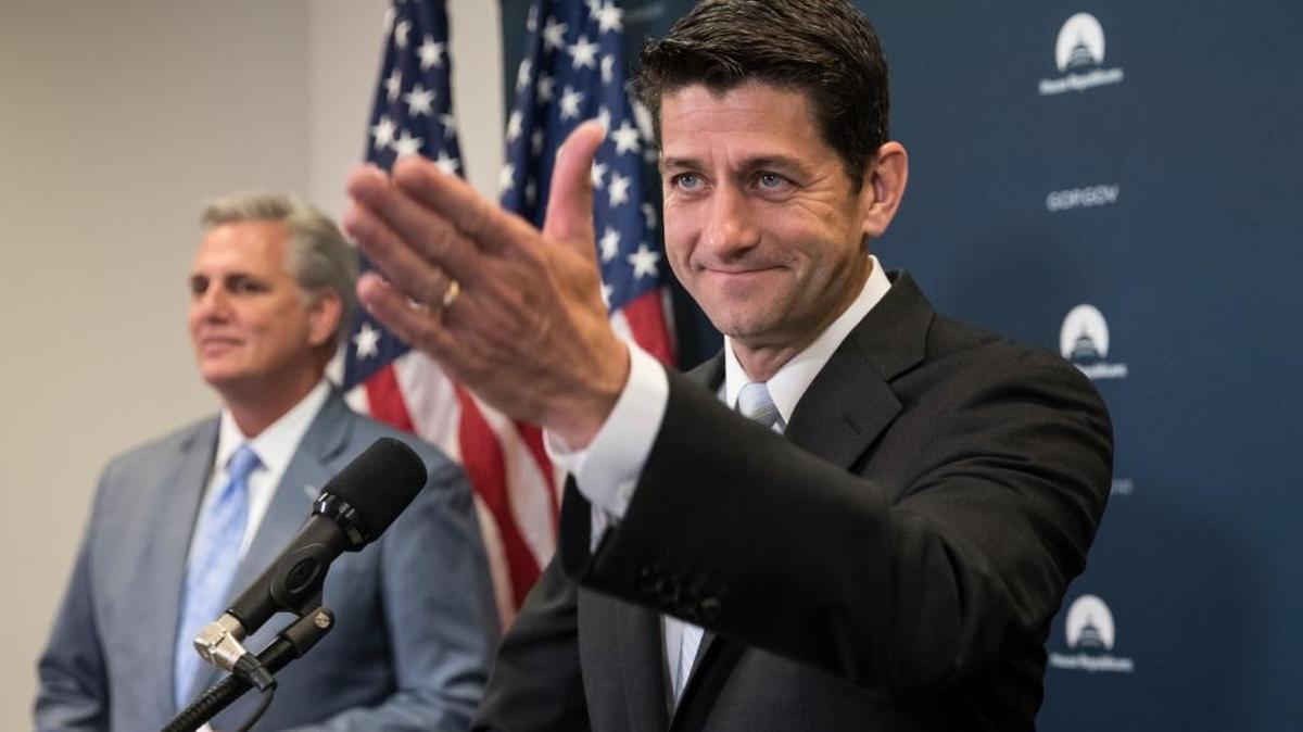 House Speaker Paul Ryan of Wis., joined by House Majority Leader Kevin McCarthy of Calif., meets with reporters during a news conference on Capitol Hill in Washington, Wednesday, July 12, 2017.