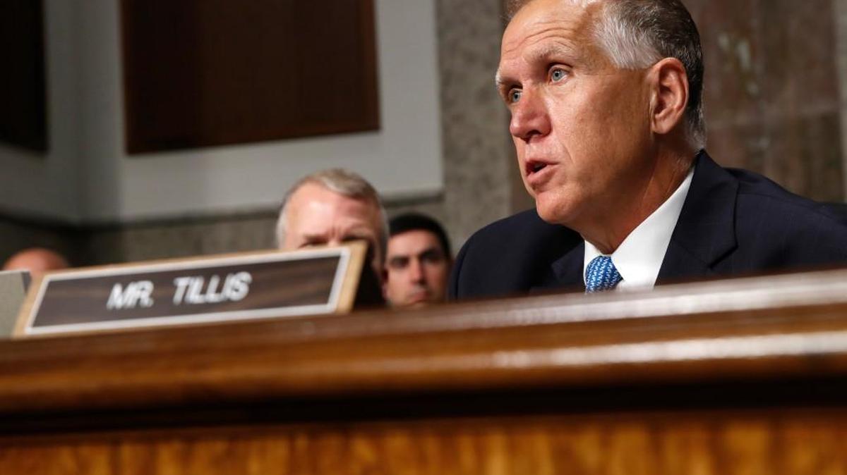 Senate Armed Services Committee member Sen. Thom Tillis, R-N.C. questions Navy Secretary nominee Richard Spencer on Capitol Hill in Washington, Tuesday, July 11, 2017, during Spencer's confirmation hearing before the committee.