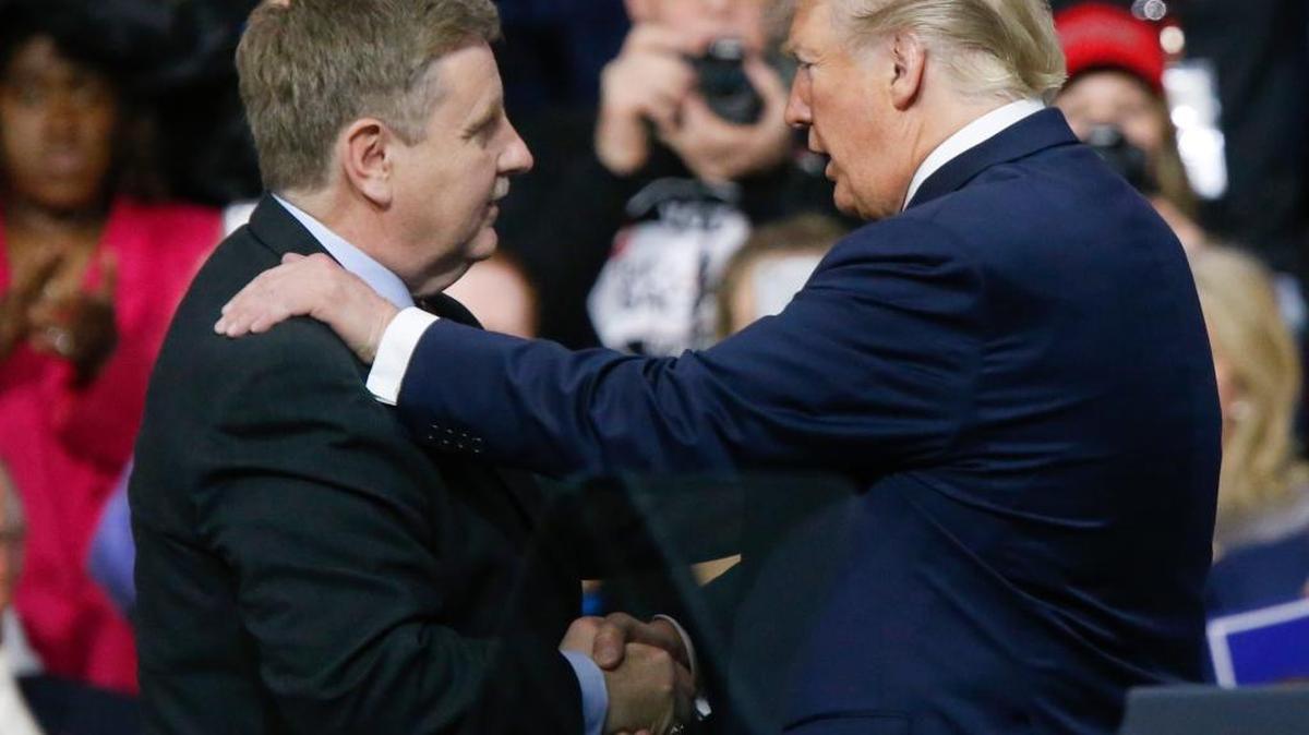 President Donald Trump, right, talks with Republican Rick Saccone during a campaign rally, Saturday, March 10, 2018, in Moon Township, Pa. Despite Trump’s support, Saccone struggled to fend off a Democrat in a district Trump won by 20 percentage points.