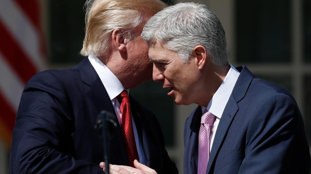 President Donald Trump shakes hands with and talks to Supreme Court Neil Gorsuch in the Rose Garden of the White House White House in Washington, Monday, April 10, 2017. A major conservative organization is ramping up plans for the next Supreme Court vacancy.