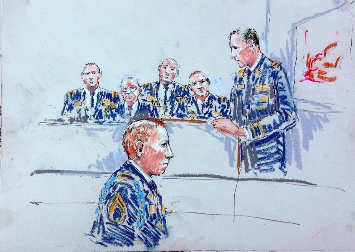 In this courtroom sketch Staff Sgt. Robert Bales, foreground, is seated as prosecutor Lt Col. Jay Morse, right, speaks to the jury in a courtroom at Joint Base Lewis-McChord, Wash. during a sentencing hearing in the slayings of 16 civilians killed during pre-dawn raids on two villages on March 11, 2012.