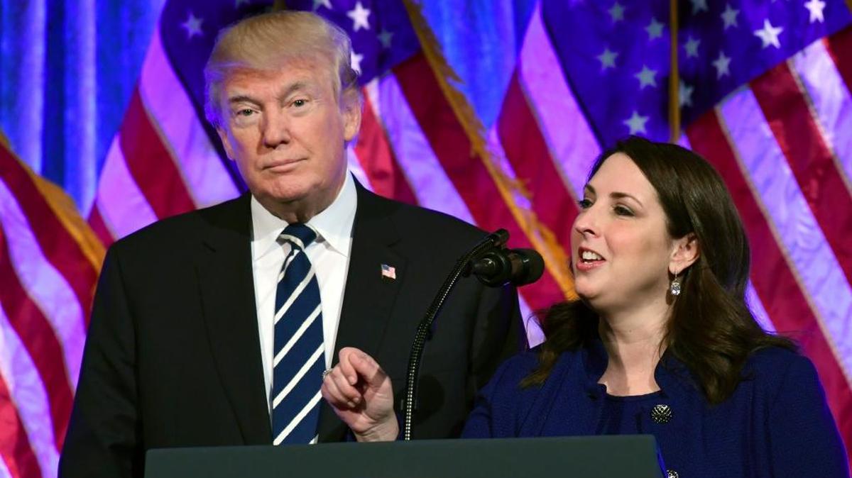 President Donald Trump, left, listens as Republican National Committee chairwoman Ronna Romney McDaniel, right, speaks at a fundraiser at Cipriani in New York, Saturday, Dec. 2, 2017. The RNC is firmly in his corner.