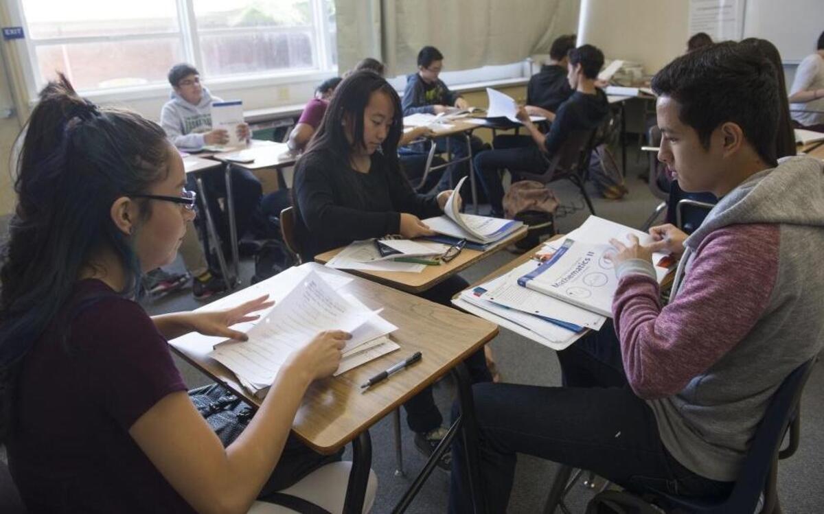 Students study together in a math class last October at West Campus High School in Sacramento. A bill would enable 16- and 17-year-olds to vote for school district and community college boards, which can have direct effects on their lives.