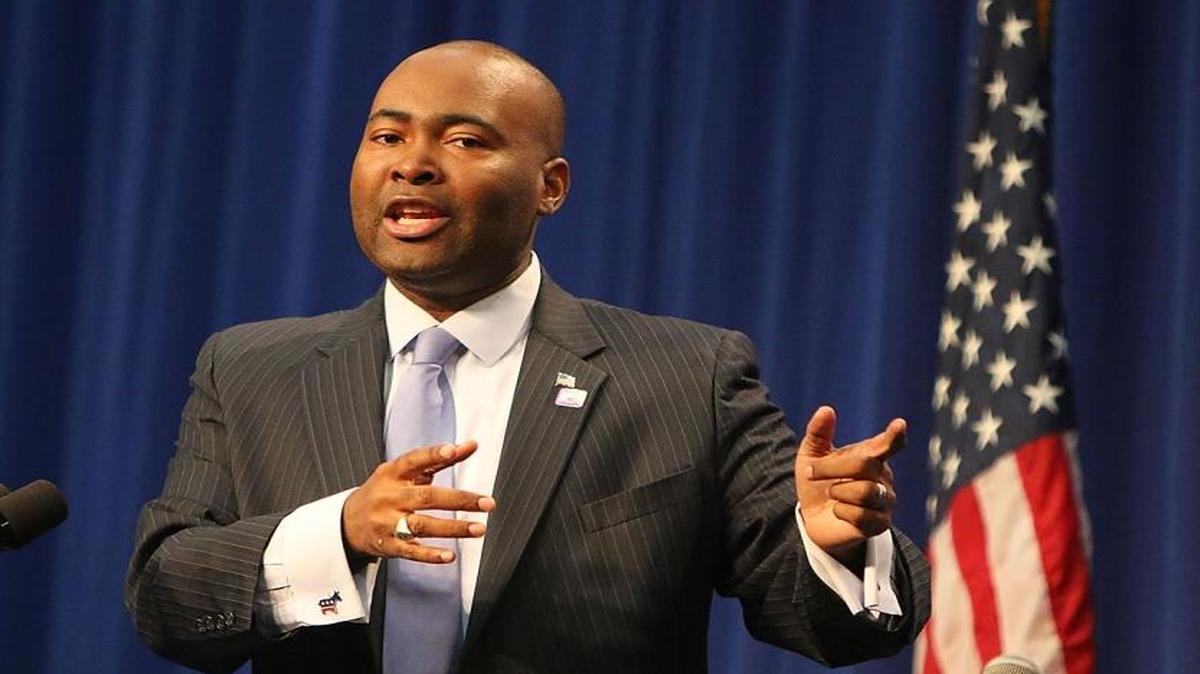The SCDP chair Jaime Harrison introduces Congressman James Clyburn at a Democratic Rally held in the JH Adams Gymnasium on Allen University's campus in Columbia, S.C.