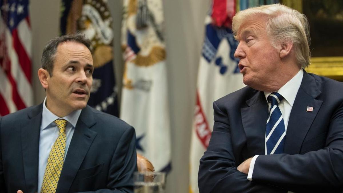 President Donald Trump, right, and Kentucky Governor Matt Bevin, left, talk in the Roosevelt Room of the Washington, Thursday, Jan. 11, 2018.