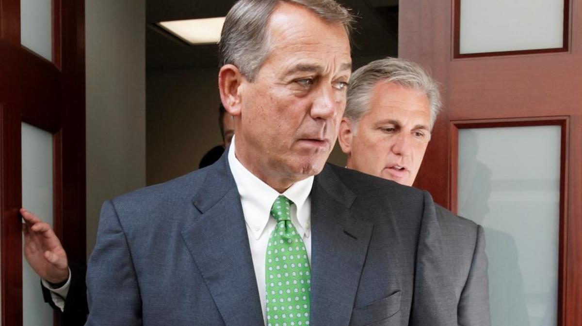 
FILE - In this Sept. 11, 2014 file photo, House Speaker John Boehner of Ohio, left, followed by House Majority Leader Kevin McCarthy of Calif., emerge from a meeting. After announcing that he’s quitting Congress at the end of October, Boehner will be involved in budget negotiations with the White House.
