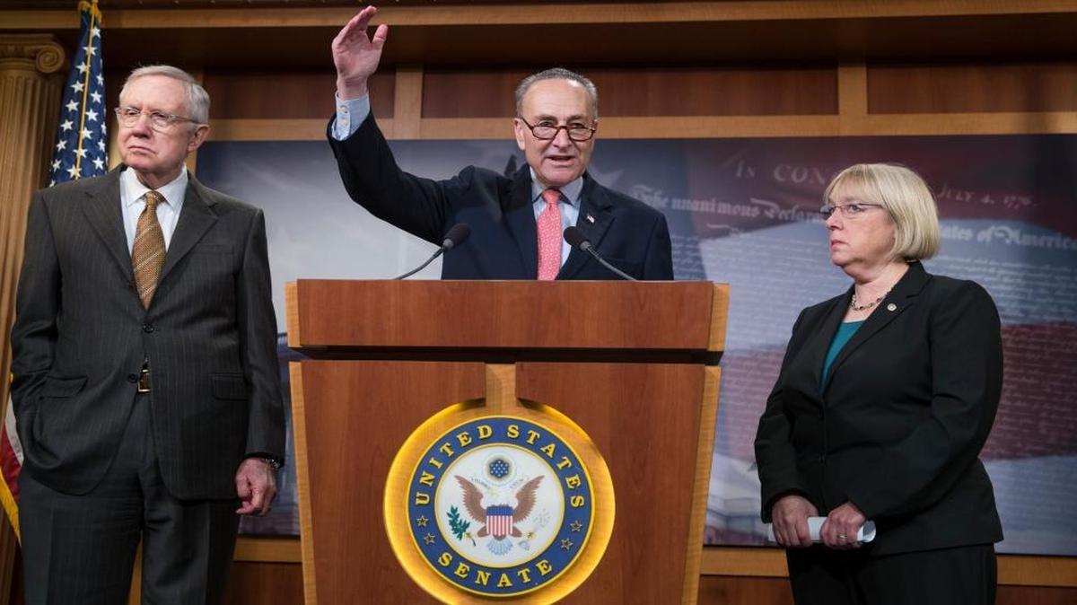 Senate Democrats, including Patty Murray of Washington state, right, and Chuck Schumer of New York, middle, promised a tough vetting Tuesday of Georgia Republican Rep. Tom Price, President-elect Donald Trump’s choice to become the next U.S. secretary of health and human services. Murray and Schumer are shown here at the Capitol with Senate Minority Leader Harry Reid, D-Nev., left, on Dec. 18, 2015.