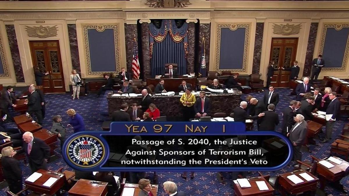 C-SPAN2 showed the result of the Senate vote Wednesday, Sept. 28, 2016, to override President Barack Obama's veto of Sept. 11 legislation.