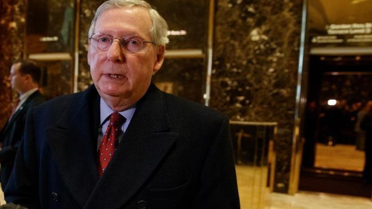 Senate Majority Leader Mitch McConnell, R-Ky., talks with reporters at Trump Tower in New York, Monday, Jan. 9, 2017, after meeting with President-elect Donald Trump.