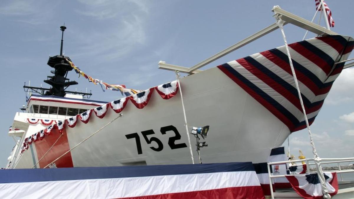 This photo from July 23, 2010, shows ceremonial bunting drapes over the third Coast Guard National Security Cutter Stratton in Pascagoula, Mississippi, at the Northrop Grumman Shipbuilding facility, now the Huntington Ingalls Industries facility.