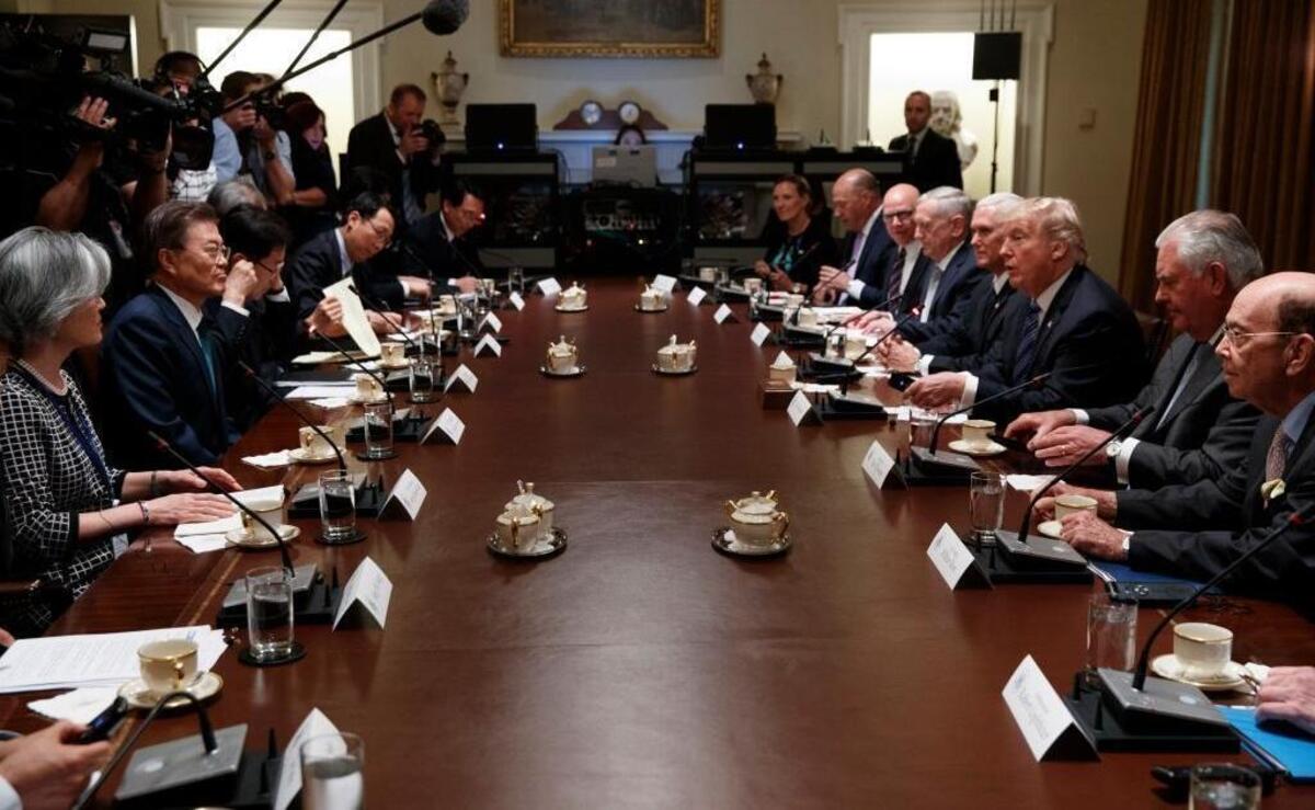 President Donald Trump meets with South Korean President Moon Jae-in in the Cabinet Room of the White House in Washington, Friday, June 30, 2017.