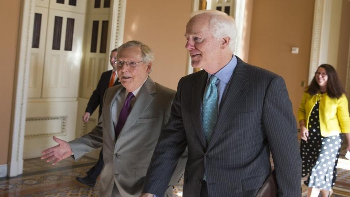 Senate Majority Leader Sen. Mitch McConnell, R-Ky., left, and Sen. John Cornyn, R-Texas, arrive for a vote on Capitol Hill, Monday, June 20, 2016, in Washington.