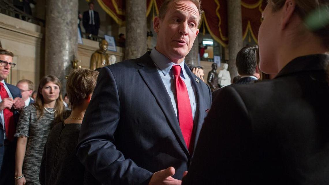Rep. Ted Budd, R-N.C., speaks to a reporter in Statuary Hall in the U.S. Capitol in Washington, D.C., Feb. 28, 2016. U.S. President Donald Trump addressed a joint session of Congress in his first major speech since inauguration.