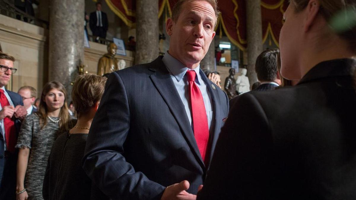 Rep. Ted Budd, R-N.C., speaks to a reporter in Statuary Hall in the U.S. Capitol in Washington, D.C., Feb. 28, 2016. U.S. President Donald Trump addressed a joint session of Congress in his first major speech since inauguration.