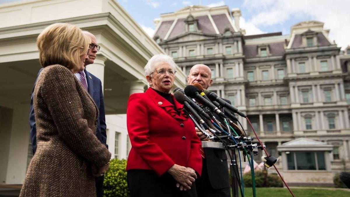 Rep. Virginia Foxx, chairwoman of the House Committee on Education and the Workforce, speaks outside the White House in Washington.