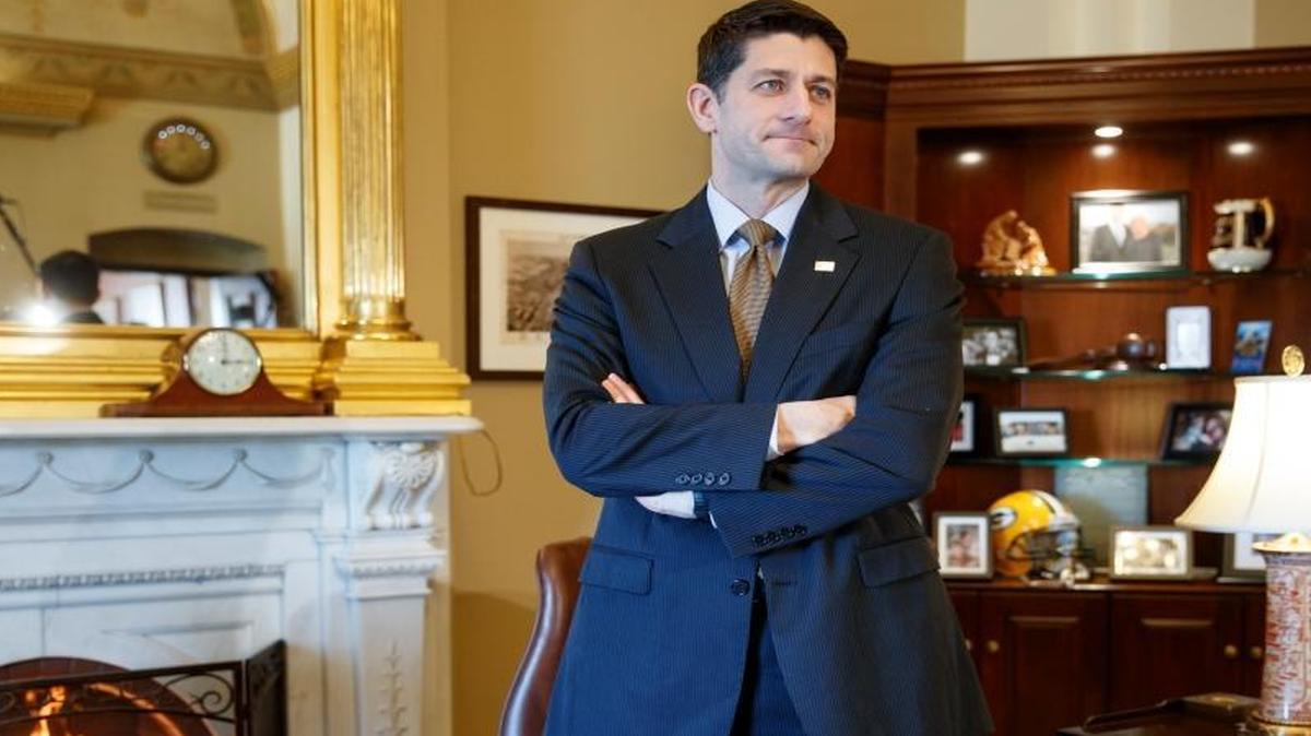 In this photo taken Feb. 13, 2017, House Speaker Paul Ryan of Wis. stands in his office on Capitol Hill in Washington before a meeting with Canadian Prime Minister Justin Trudeau.