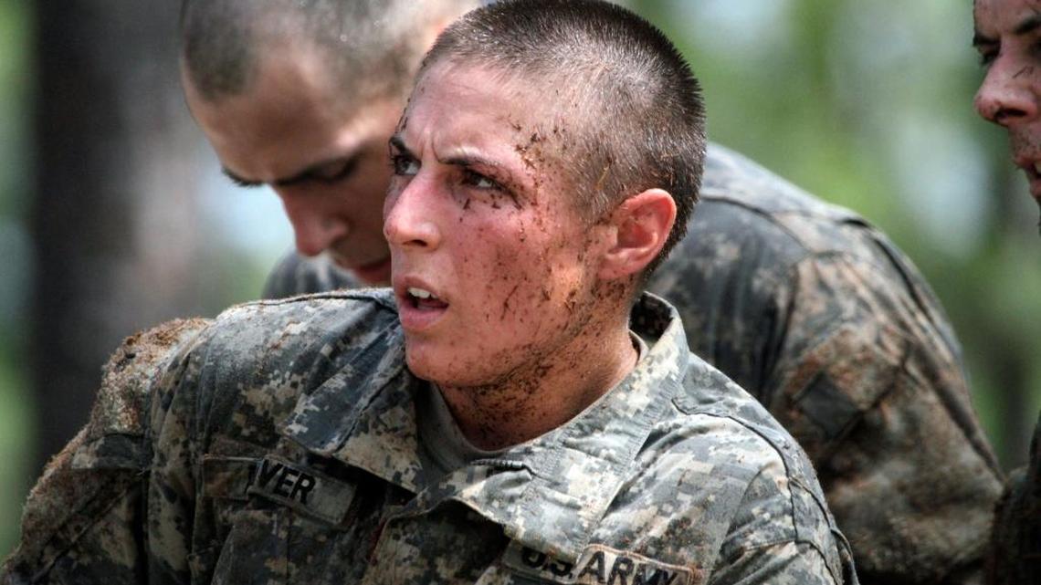 One of the 20 female soldiers, who is among the 400 students who qualified to start Ranger School, tackles the Darby Queen obstacle course, one of the toughest obstacle courses in U.S. Army training, at Fort Benning, Ga., on April 26, 2015.