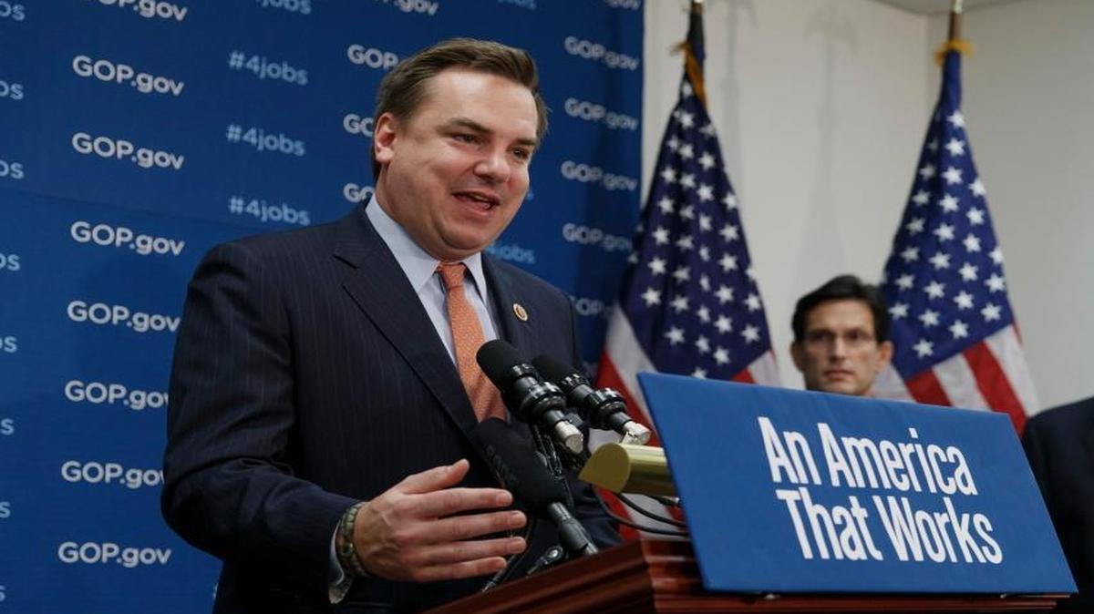 Rep. Richard Hudson, R-N.C., left, accompanied by then-House Majority Leader Eric Cantor of Va., center, and then-House Speaker John Boehner of Ohio, speaks to reporters on Capitol Hill in Washington, Tuesday, Feb. 4, 2014, after a Republican Conference meeting.