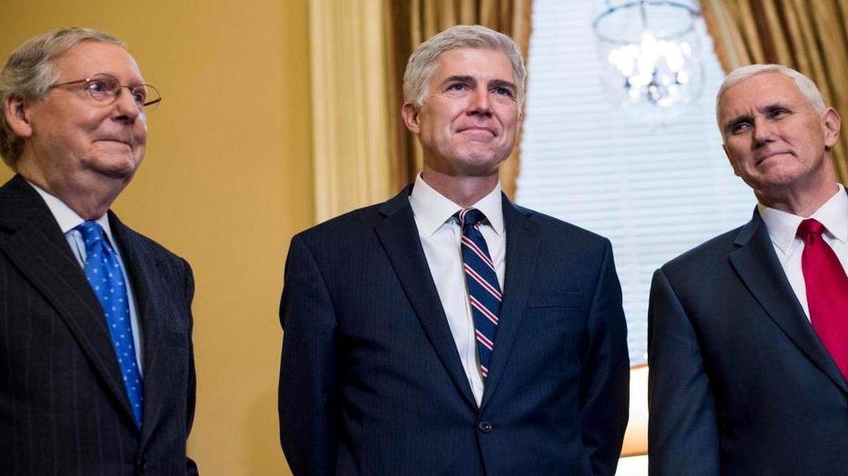 Senate Majority Leader Mitch McConnell, R-Ky. (from left), Supreme Court nominee Neil Gorsuch and Vice President Pence meet in McConnell’s U.S. Capitol office on Feb. 1, 2017.