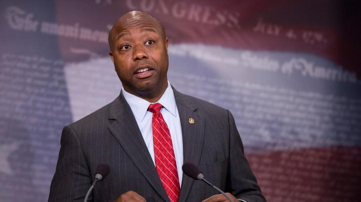 Sen. Tim Scott, R-S.C., speaks about the Guantanamo Bay Detention Facility during a news conference on Capitol Hill in Washington. The Senate is poised to pass a bill on Nov. 10, that bans moving Guantanamo Bay detainees to the United States, something Barack Obama has been trying to do since he was sworn in as president. (AP Photo/Manuel Balce Ceneta)