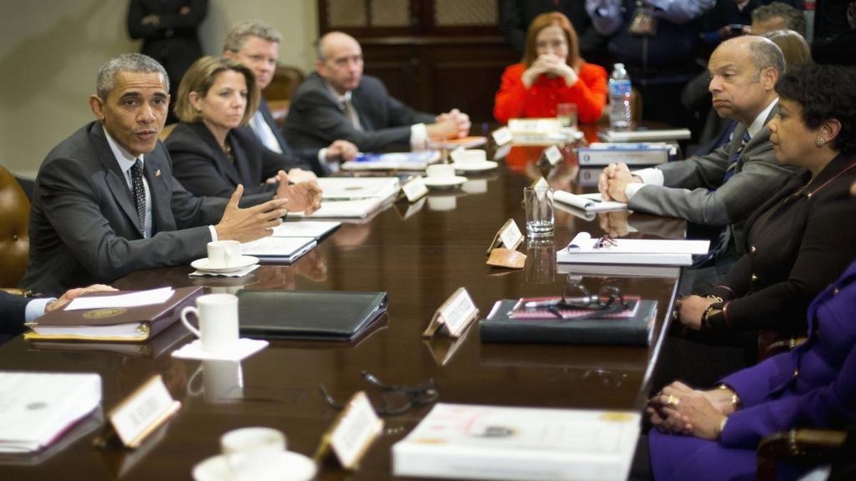 President Barack Obama meets with members of his national security team and cybersecurity advisers in the Roosevelt Room of the White House in Washington on Tuesday, Feb. 9, 2016.