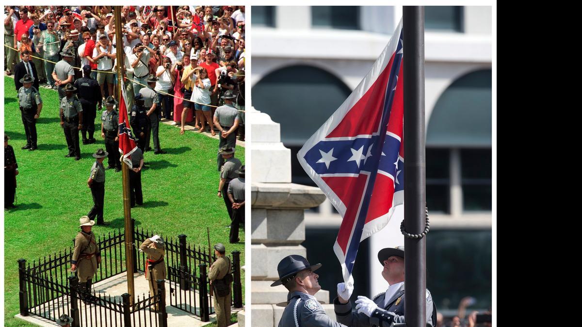 
FILE - In this photo combination, the Confederate battle flag is raised in front of the South Carolina Statehouse in Columbia, S.C., on July 1, 2000, left, and the same flag is taken down on July 10, 2015, right, ending its presence on the Capitol grounds. The flag’s removal seemed unthinkable before the June 17 massacre of nine black parishioners at a Charleston church during a Bible study. Dylann Roof, a white man who was photographed with the Confederate flag, is charged in the shooting deaths, and authorities have called the killings a hate crime. 
