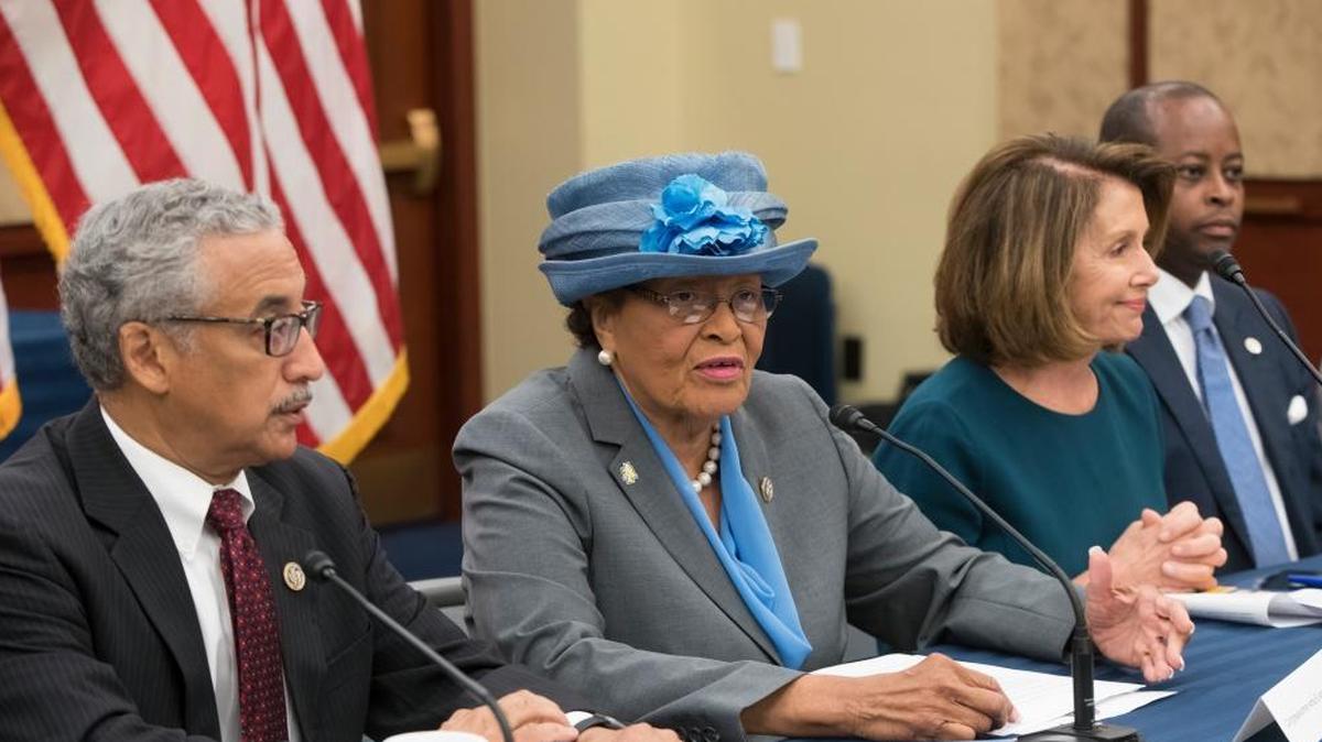 Members of the Historically Black Colleges and Universities Caucus, from left, Rep. Bobby Scott, D-Va., Rep. Alma Adams, D-N.C., House Minority Leader Nancy Pelosi, D-Calif., and Wayne A.I. Frederick, president of Howard University, discuss Democratic priorities for the future of HBCUs.