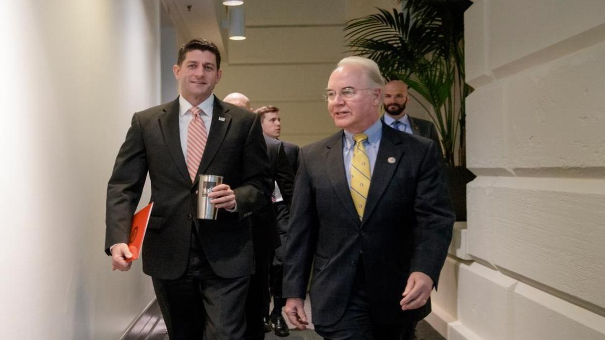 House Speaker Paul Ryan, R-Wis., arrives with Health and Human Services Secretary Tom Price on Capitol Hill. Both have a lot at stake in the possible House vote this week on legislation to replace the Affordable Care Act.