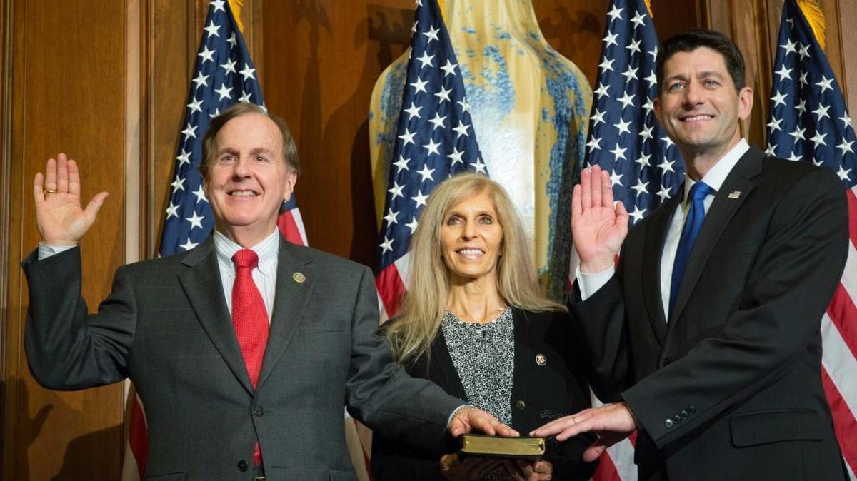 House Speaker Paul Ryan of Wisconsin administers the House oath of office to Rep. Robert Pittenger, R-N.C., during a mock swearing in ceremony on Capitol Hill in Washington in January.