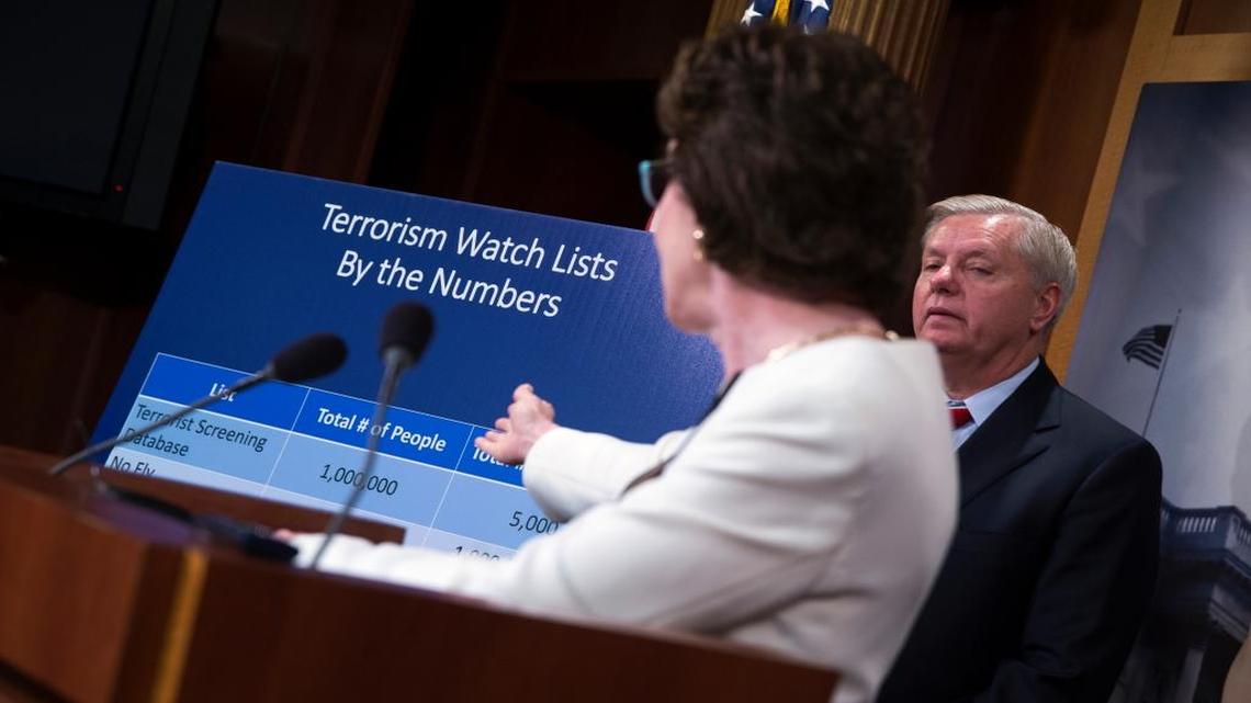 Sen. Lindsey Graham, R-S.C., listens as Sen. Susan Collins, R-Maine, speaks during a news conference on Capitol Hill in Washington on Tuesday, June 21, 2016, to unveil a new gun proposal.
