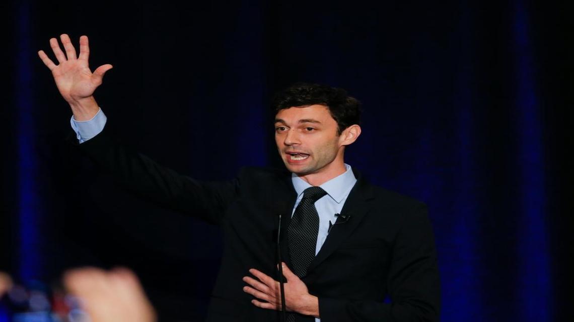 The Democratic candidate for Georgia’s 6th Congressional District seat, Jon Ossoff, speaks to supporters.