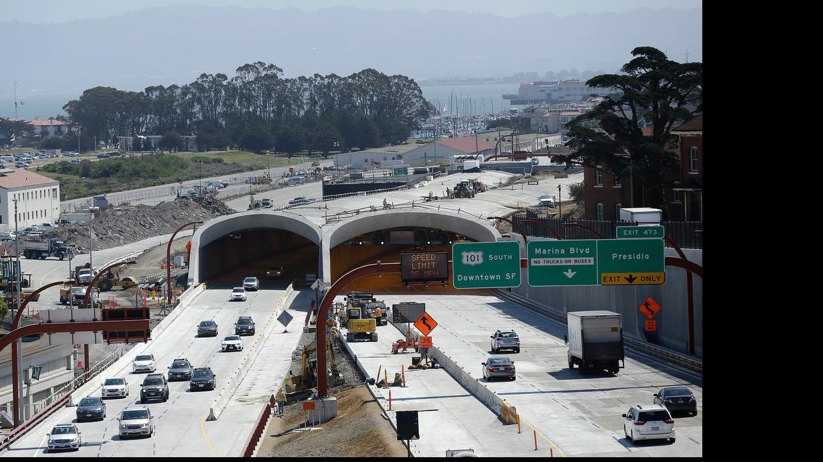 
Drivers pass road construction on Presidio Parkway in San Francisco, Wednesday, July 15, 2015. The same day, the House of Representatives voted to extend the federal highway trust fund until December, but some are pushing for a longer-term bill to give states like California more certainty.
