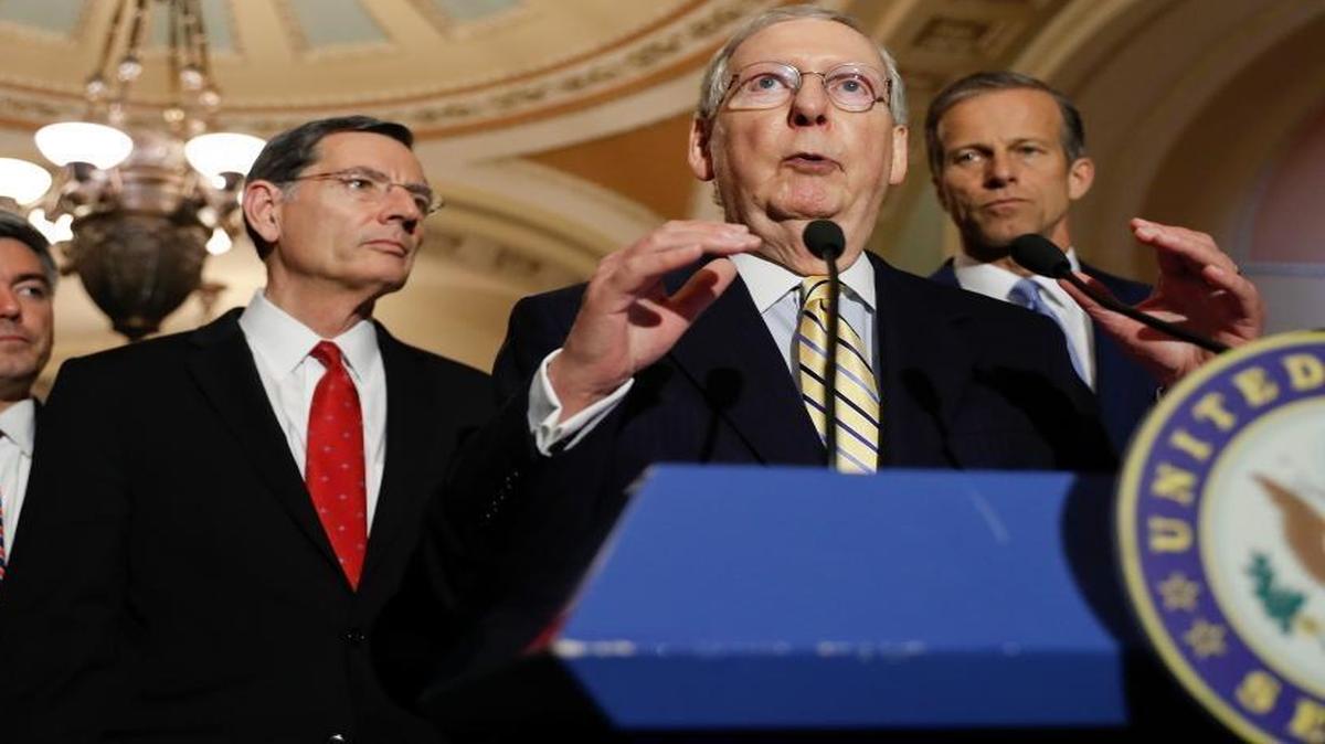Senate Majority Leader Mitch McConnell, R-Ky. – accompanied by Sens. Cory Gardner, R-Colo. (from left), John Barrasso, R-Wyo., and John Thune, R-S.D. – speaks to reporters on Capitol Hill in Washington, Tuesday, May 2, 2017, following a policy luncheon.