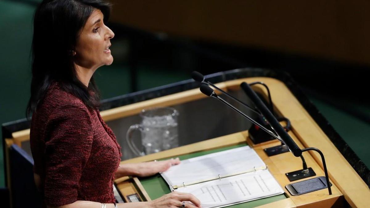 U.S. Ambassador to the United Nations Nikki Haley speaks at the U.N. General Assembly, Thursday, Dec. 21, 2017.