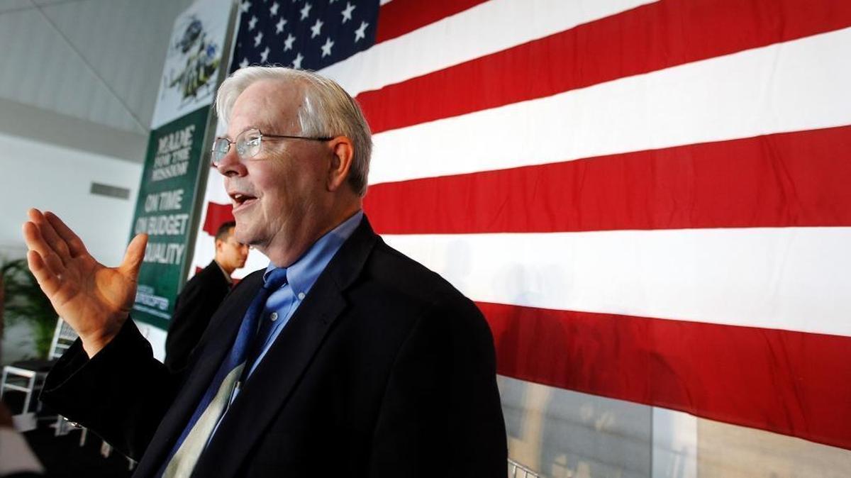 Rep. Joe Barton speaks about the need to continue funding for the American Eurocopter Lakota helicopter program at company-sponsored rally at its facilities at the Grand Prairie airport, Friday, June 7, 2013.