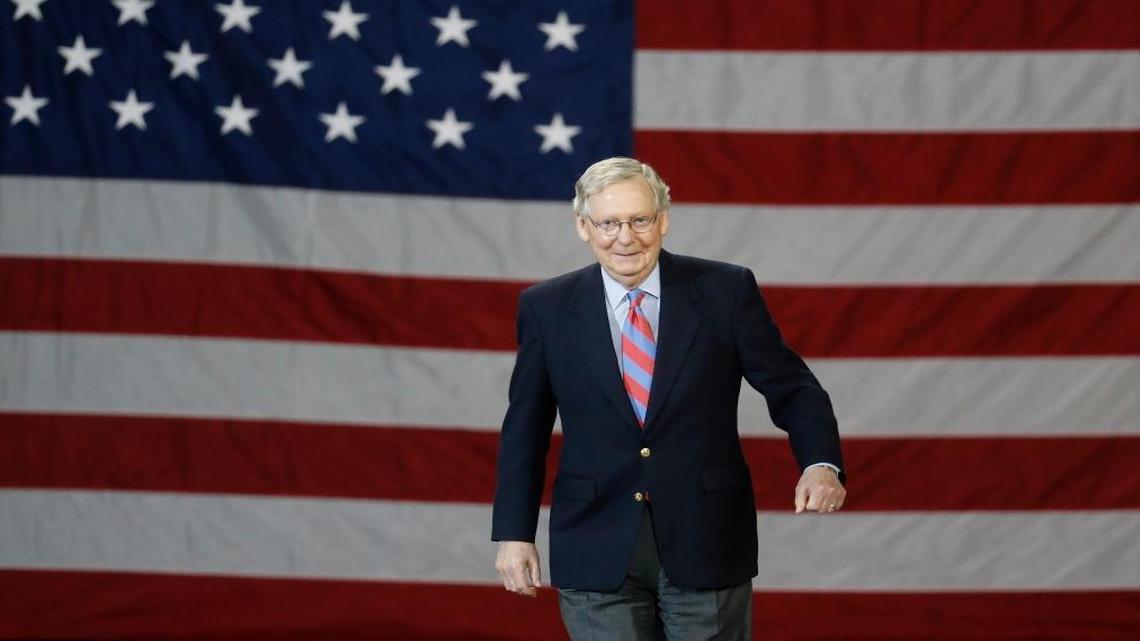Senate Majority Leader Mitch McConnell, R-Ky., arrives to speak before President Donald Trump during a rally at the Kentucky Exposition Center, Monday, March 20, 2017, in Louisville, Ky.