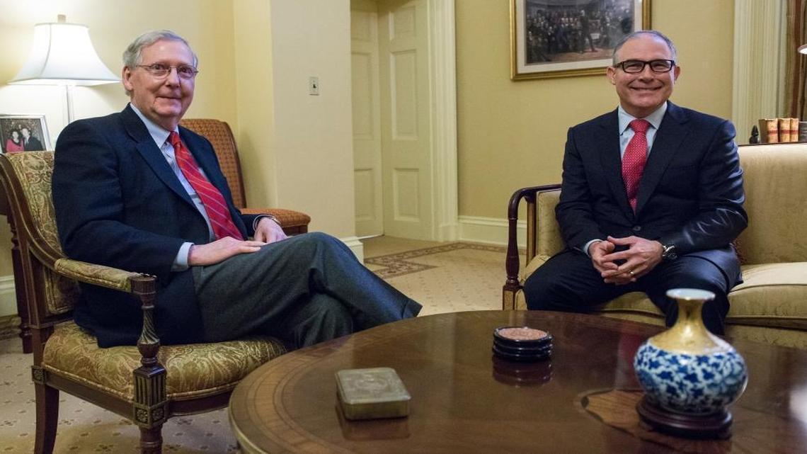 Environmental Protection Agency Administrator-designate Scott Pruitt, right, meets with Senate Majority Leader Mitch McConnell, R-Ky., on Jan. 6, 2017.