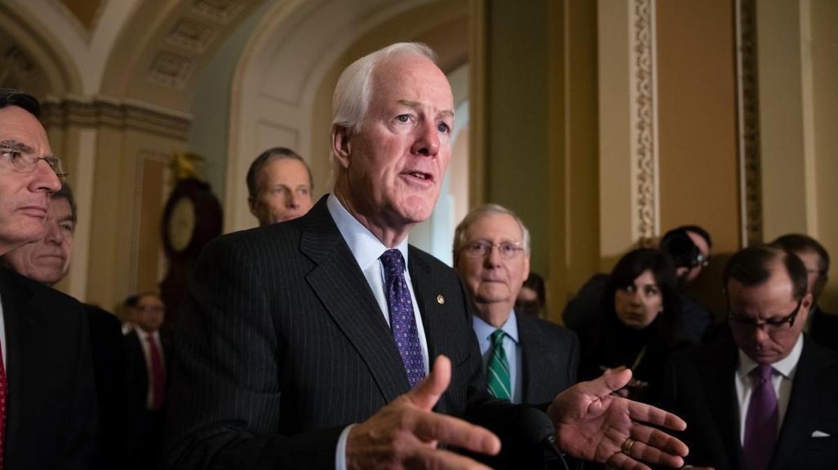 Senate Majority Whip John Cornyn, R-Texas, joined from by, Sen. John Barrasso, R-Wyo., Sen. Roy Blunt, R-Mo., Sen. John Thune, R-S.D., and Senate Majority Leader Mitch McConnell, R-Ky., speaks to reporters following a weekly, closed-door strategy session, at the Capitol in Washington.