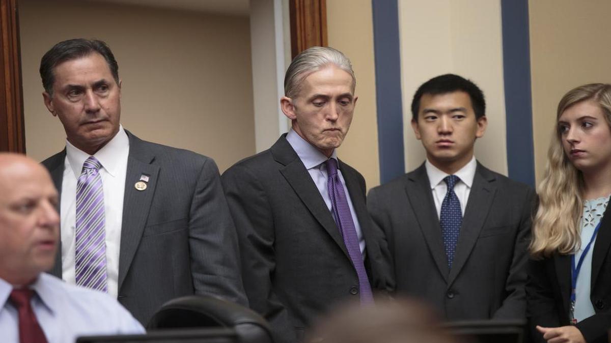 House Benghazi Committee Chairman Rep. Trey Gowdy, R-S.C., center, whose investigation led to the revelation of Hillary Clinton's private email server while secretary of state, arrives on Capitol Hill in Washington on Thursday, July 7, 2016, to question FBI Director James Comey, who was to testify before the House Oversight Committee to explain his agency's recommendation to not prosecute Democratic presidential candidate Hillary Clinton over her private email setup as secretary of state.