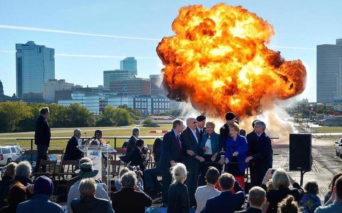 Officials detonate a blast on Henderson Street at the official groundbreaking of construction of the Panther Island Bridges being built on Henderson Street, North Main Street and White Settlement in Fort Worth, TX, Monday, Nov. 10, 2014. The ceremony included remarks by Congresswoman Kay Granger, Texas Department of Transportation Commissioner Victor Vandergriff and Fort Worth Mayor Betsy Price.